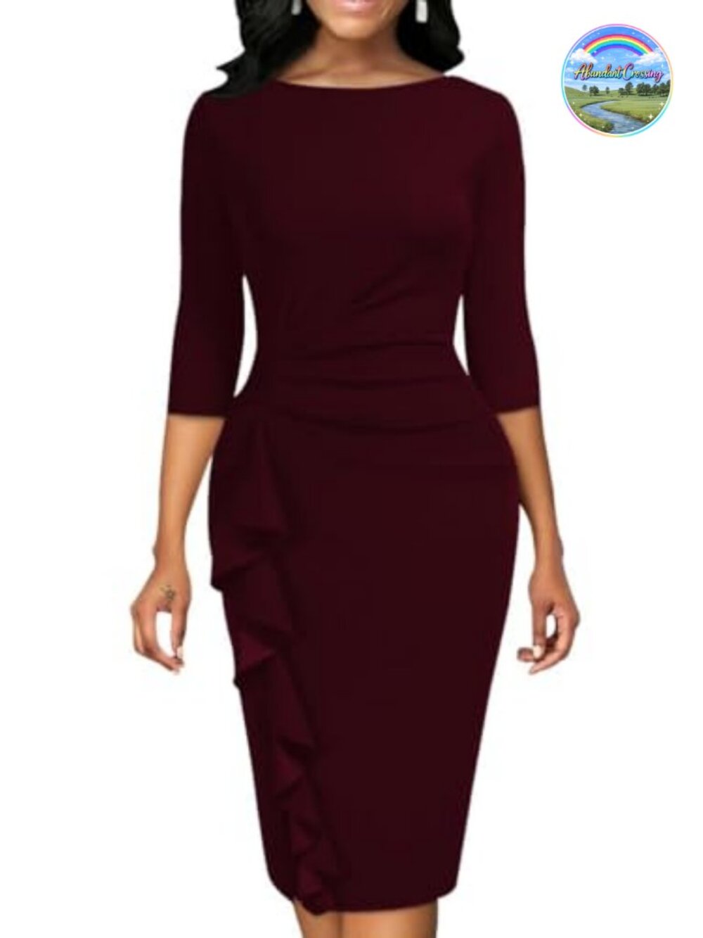 Bodycon Ruffle 3/4 Sleeve Midi Pencil Dress Work Church Business